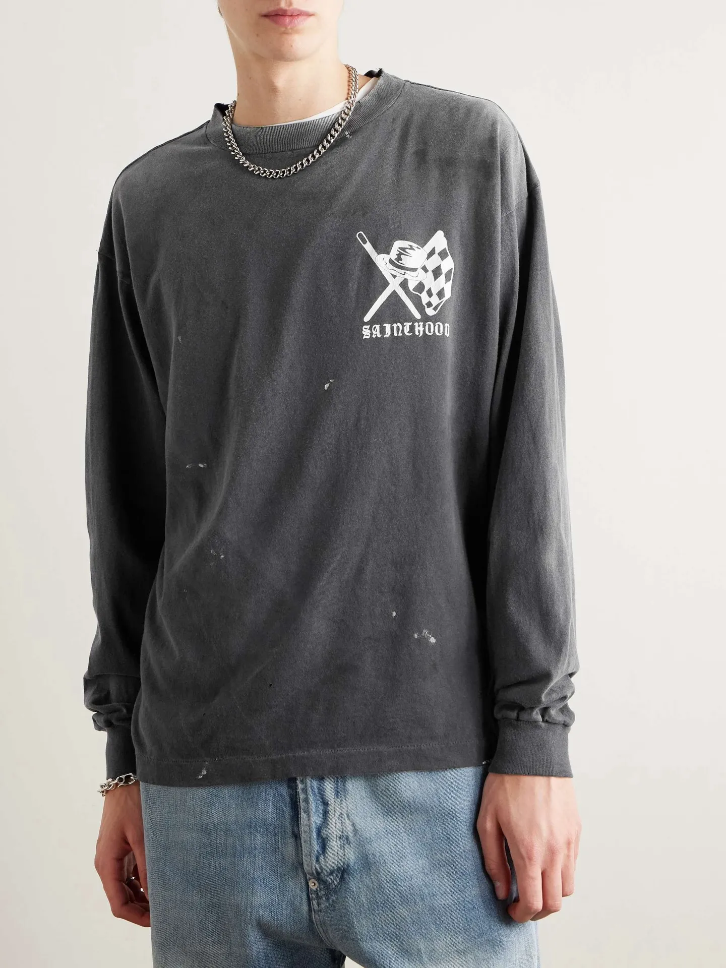 SAINT Mxxxxxx × NEIGHBORHOOD STHD . LS TEE SPEED KILLS/BLK Skull Helmet Long Sleeves Washed Black S-XL Cylindrical Cloth Ready-Made Assute Dyeing Heavy Washing Water Fading Handmade Splashed Ink Holes Simulate Natural Fading and Old Effects Correct Version Customized NBHD Co-branded Accessories Top Purchasing Level